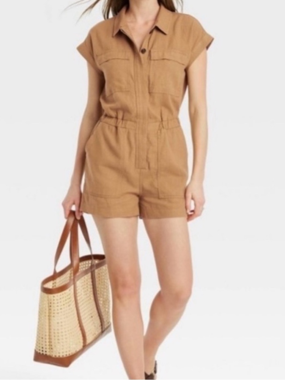 Universal Thread Utility Romper in Warm Camel Brown Used - Picture 3 of 5